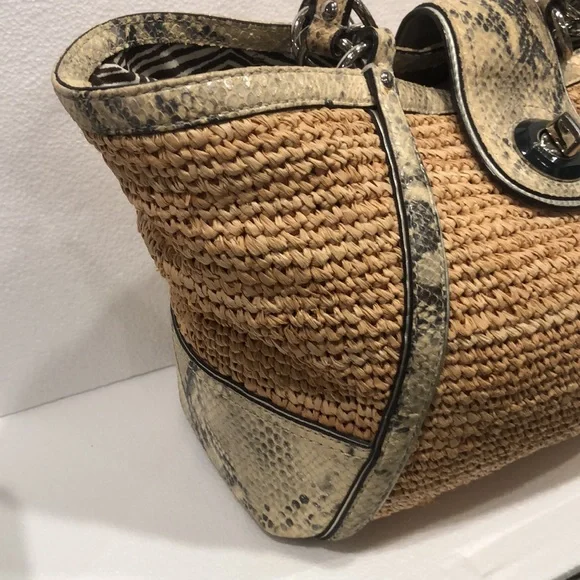Coach Hampton Python Leather Trim Straw Shoulder Tote - Picture 5 of 12